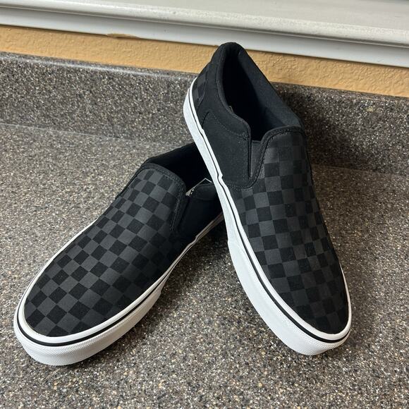 VANS Old Skool Classic Slip On Black Gray Check Canvas Skate Shoes Men's Size 10 - Picture 2 of 10